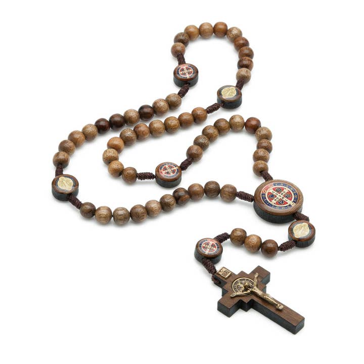 Oremus Mercy - Wholesale Prayer Beads Necklace - St. Benedict Wooden Rosary 18"