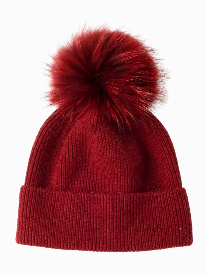 Timeless Ribbed Knit Beanie Hat w Faux Fur Pom Pom for wholesale by Always Swanky