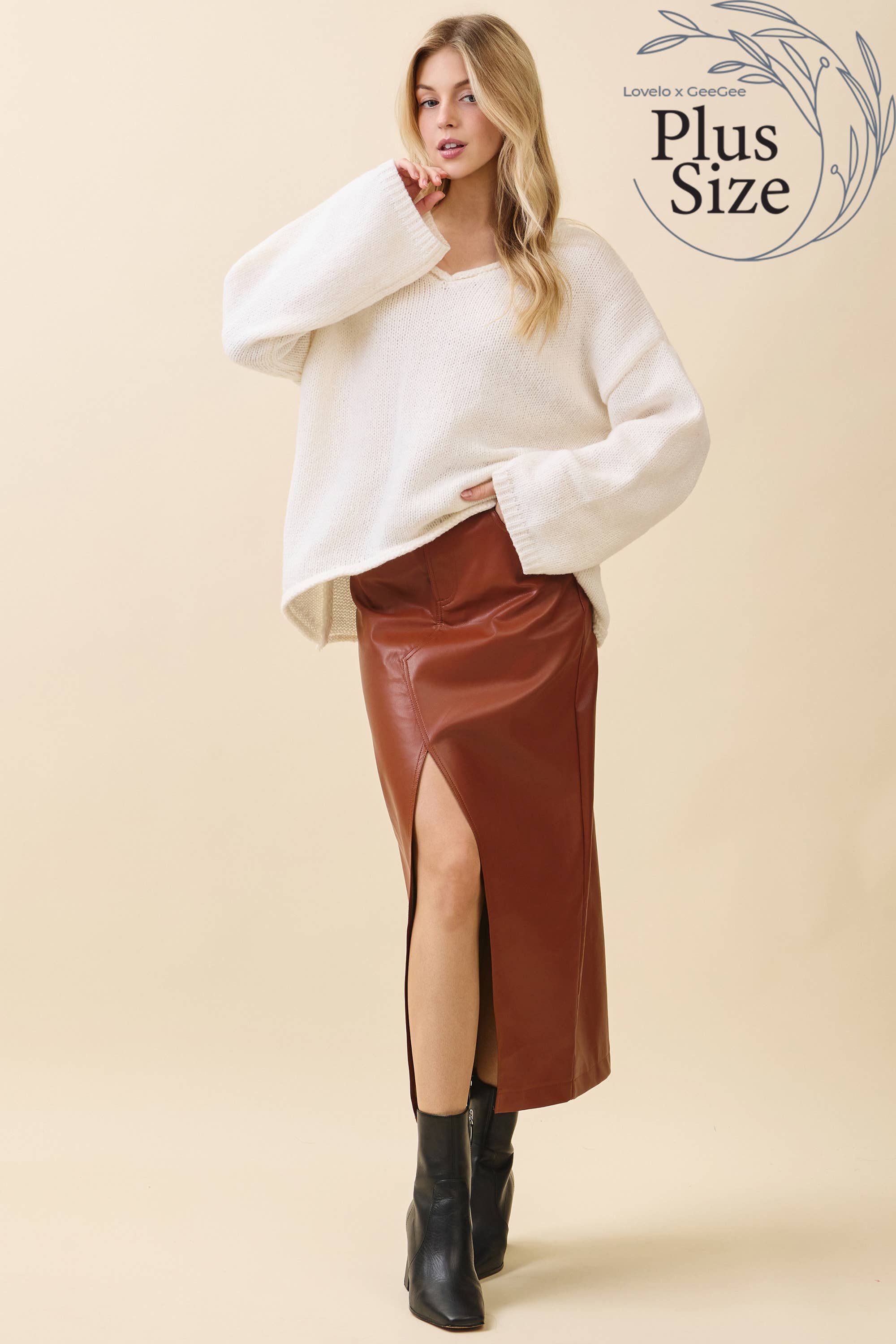 GeeGee x Lovelo - Wholesale Skirt - Women's - Plus Faux Leather Midi Skirt MS50582PL9