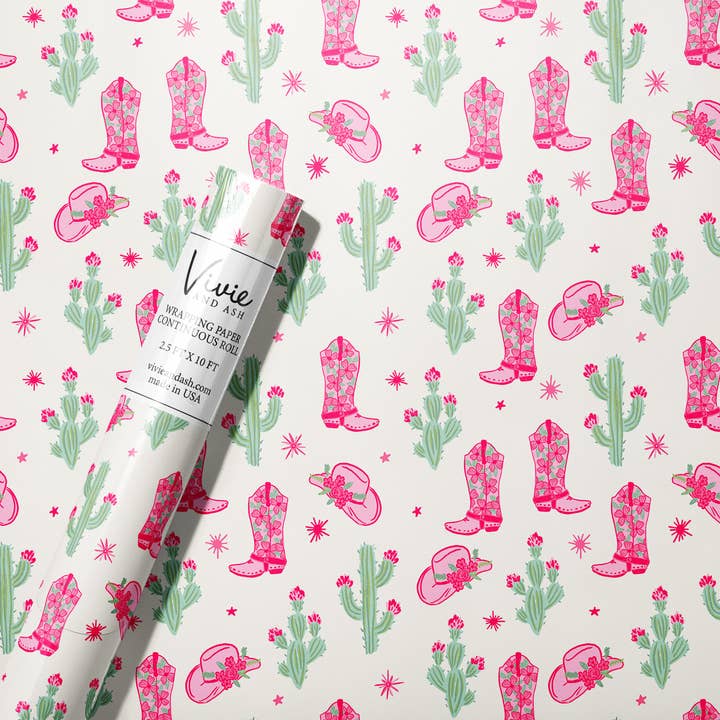 Pink Western Cowgirl Wrapping Paper Roll for wholesale by Vivie and Ash