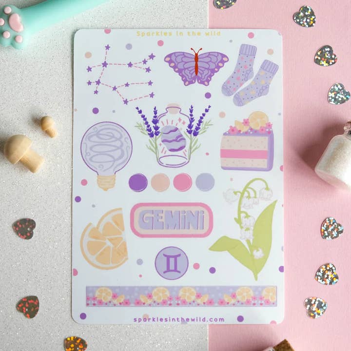 Foglio di adesivi lucidi segno zodiacale Gemelli per la vendita all'ingrosso da parte di Sparkles in the Wild