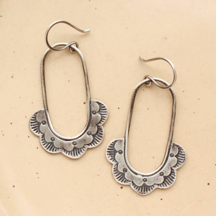 Columbine Stamped Silver Hoop Earrings, Handmade Earrings for wholesale by Sarah DeAngelo