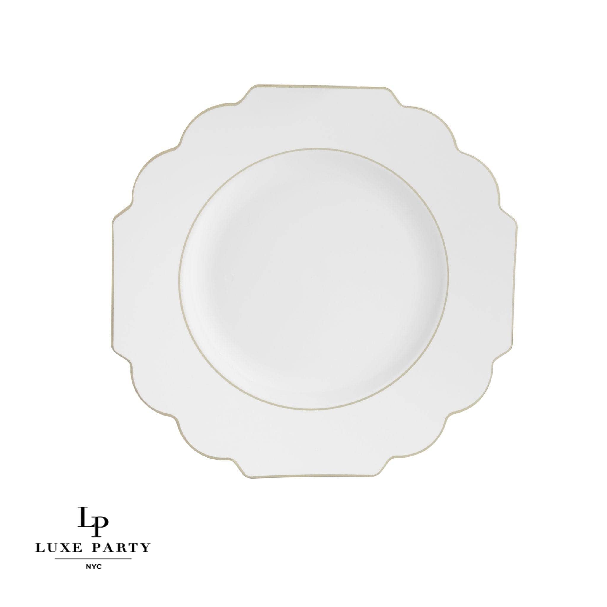 Luxe Party - Venta al por mayor Platos desechables - Platos de plástico blanco con borde dorado y diseño con borde ondulado | Paquete de 106
