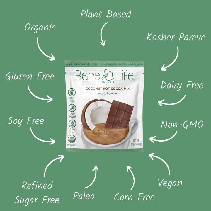 Bare Life - Wholesale Hot Cocoa Mix/Kit - Dairy Free & Vegan Coconut Hot Cocoa Mix - 0.95 Oz (5 Ct.)1