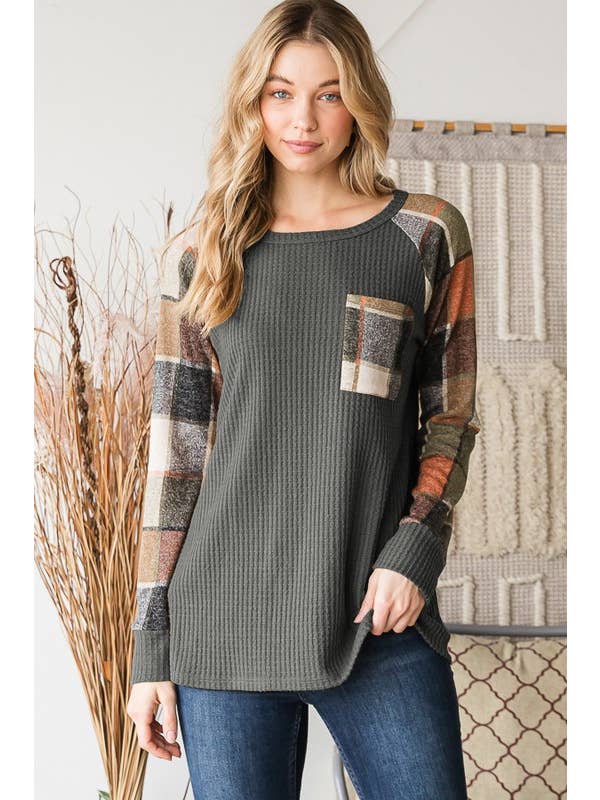 HEIMISH - Wholesale Blouse - Women's - ET6884-10 SOLID WAFFLE AND PLAID TOP WITH POCKET2