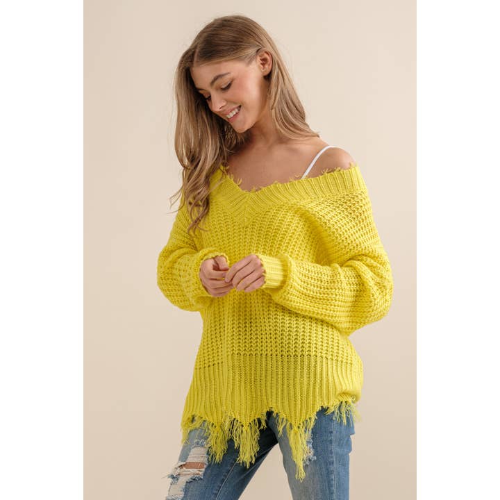 DISTRESSED CHUNKY KNIT V NECK SWEATER for wholesale by Sweet Generis