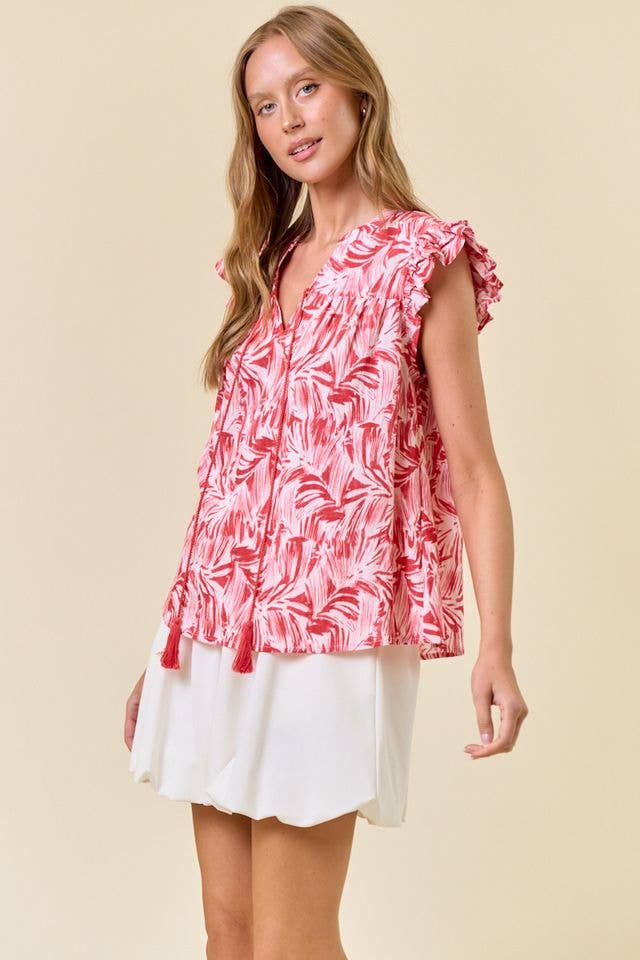 Doe and Rae - Wholesale Blouse - Women's - Abstract Print V-Neck Double Ruffled Cap Sleeve - 44961T7