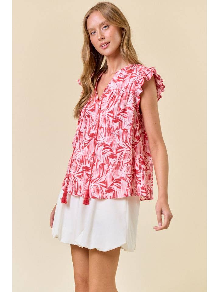 Doe and Rae - Wholesale Blouse - Women's - Abstract Print V-Neck Double Ruffled Cap Sleeve - 44961T7
