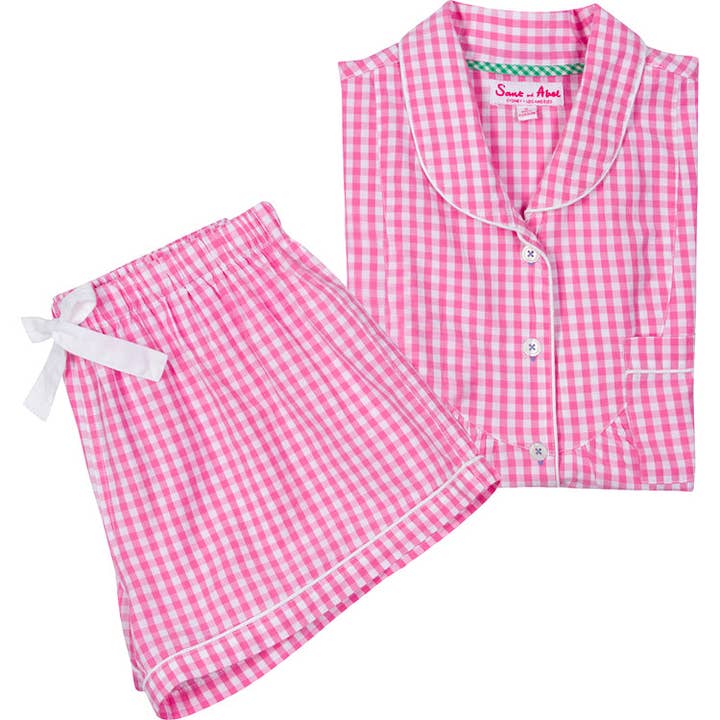 Women's Hepburn Gingham Pink Short PJ Set for wholesale by Sant and Abel