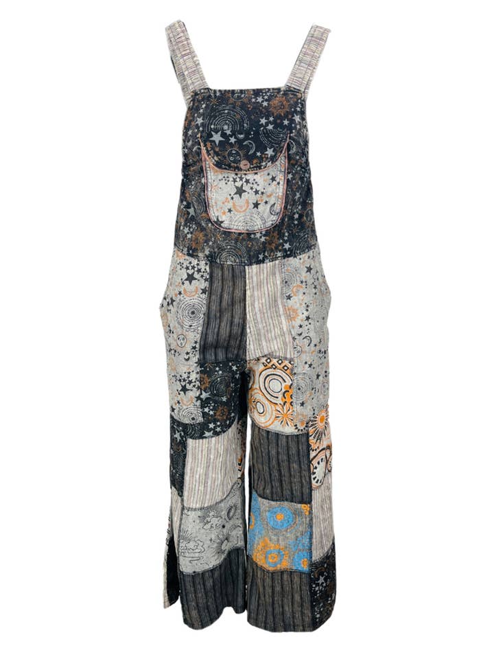 Black Grey Celestial Print Patchwork Hippie Overall for wholesale on Faire