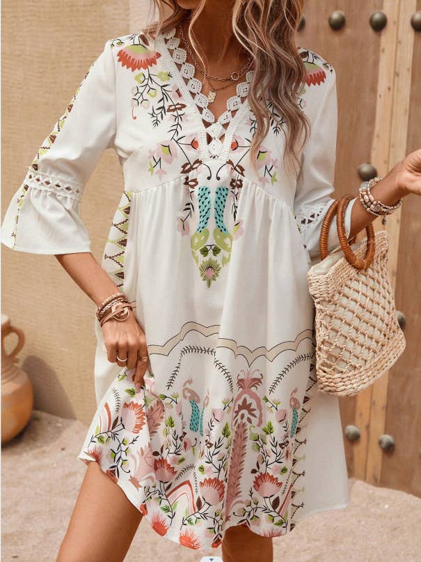 Comely Fashion - Wholesale Dress - Women's - Floral Printed Lace Patchwork V-neck Summer Dress