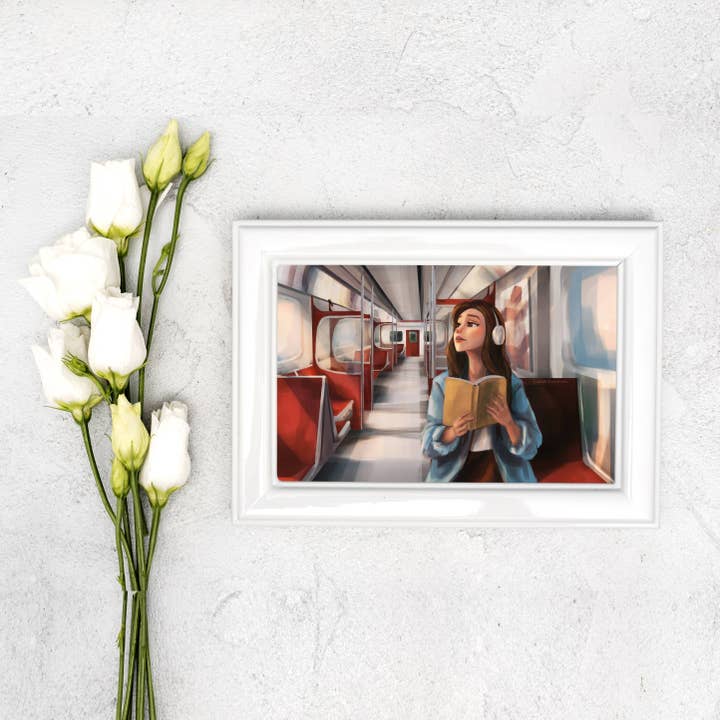 Bookish Print | Girl Reading On Subway Bus Train Transit for wholesale by Serene Illustrations