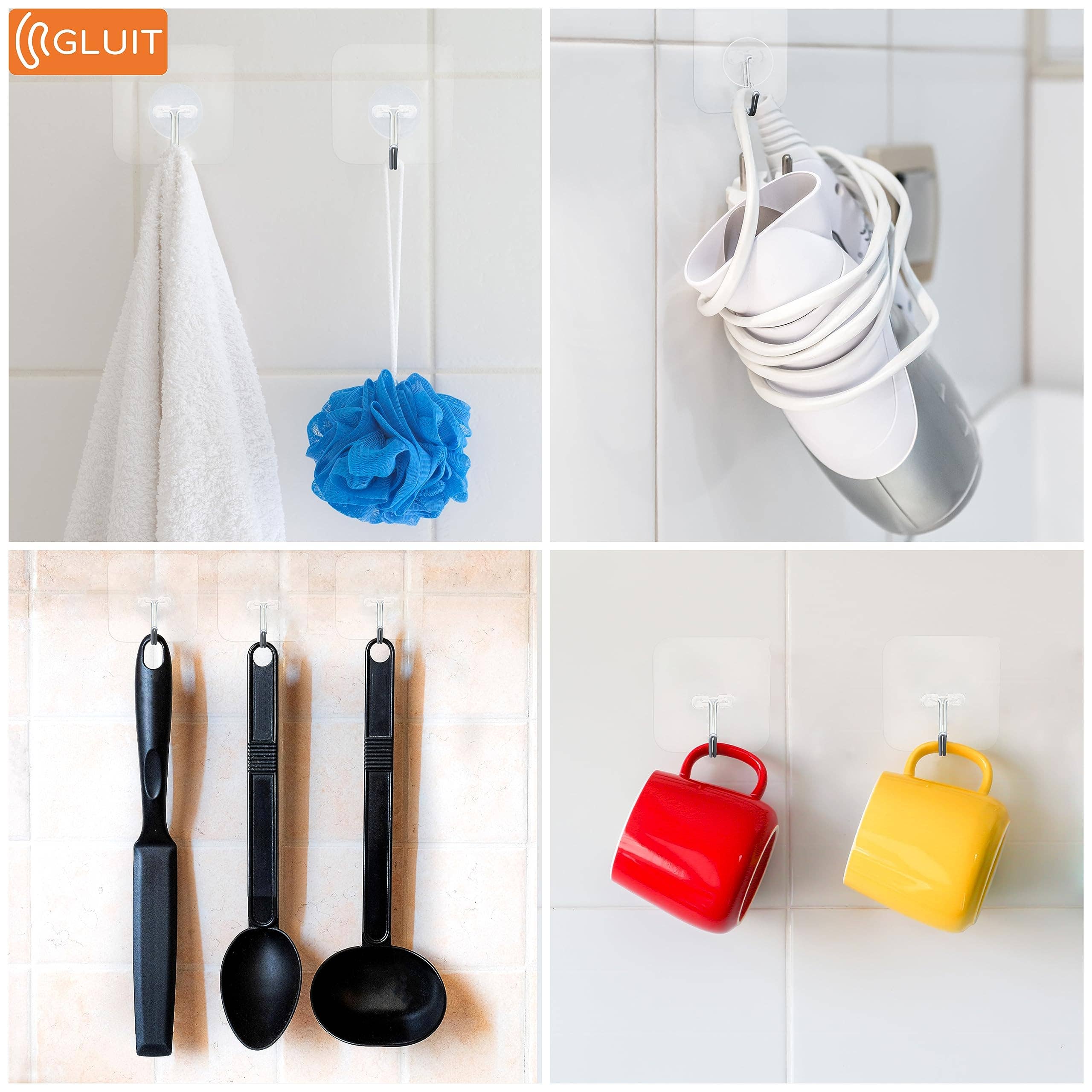 GLUIT - Wholesale Wall Hook - GLUIT Adhesive Hooks Heavy Duty 22 lbs Robe Towel Hooks Waterproof Adhesive Wall Hooks for Home Bathroom Kitchen Office and Outdoor12