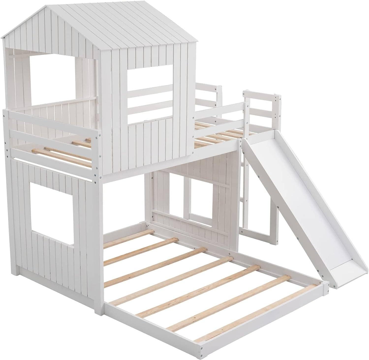 Twin Over Full Bunk Bed With Slide With Guardrails White for wholesale on Faire5