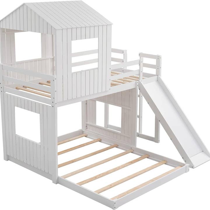 Twin Over Full Bunk Bed With Slide With Guardrails White for wholesale on Faire5
