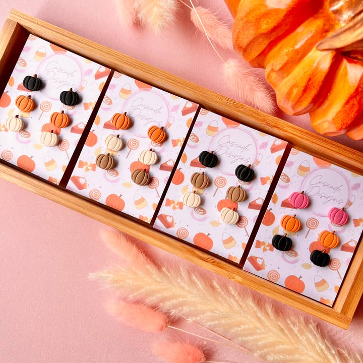 The Punkin Trio | Mini Pumpkin Clay Studs - Set of 3 for wholesale by Cascade Designs