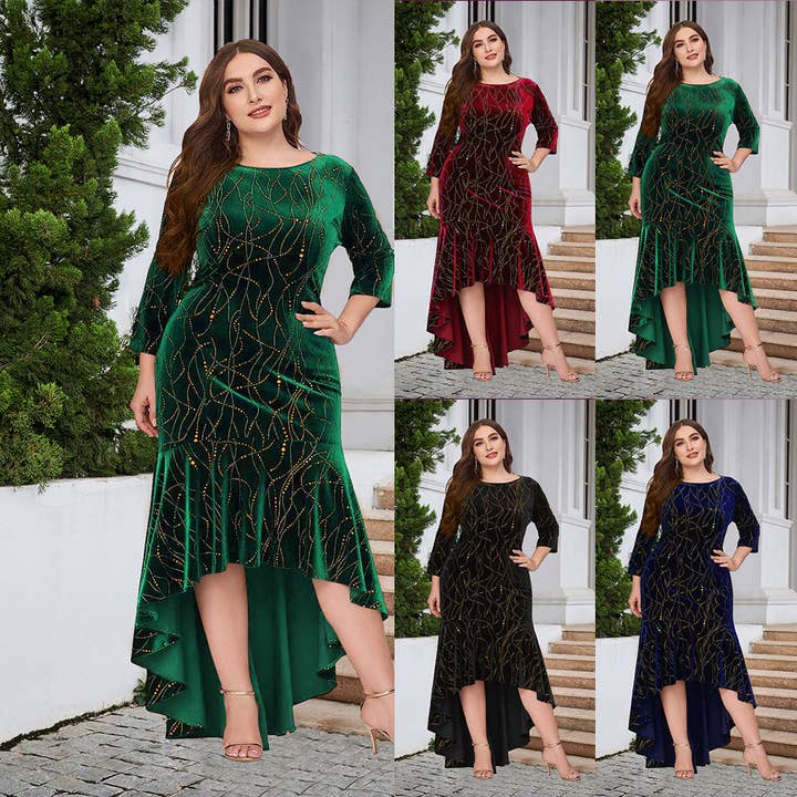 Masyal - Wholesale Dress - Women's - Plus Size Women's Velvet Mermaid Formal Dress with Sleeves4