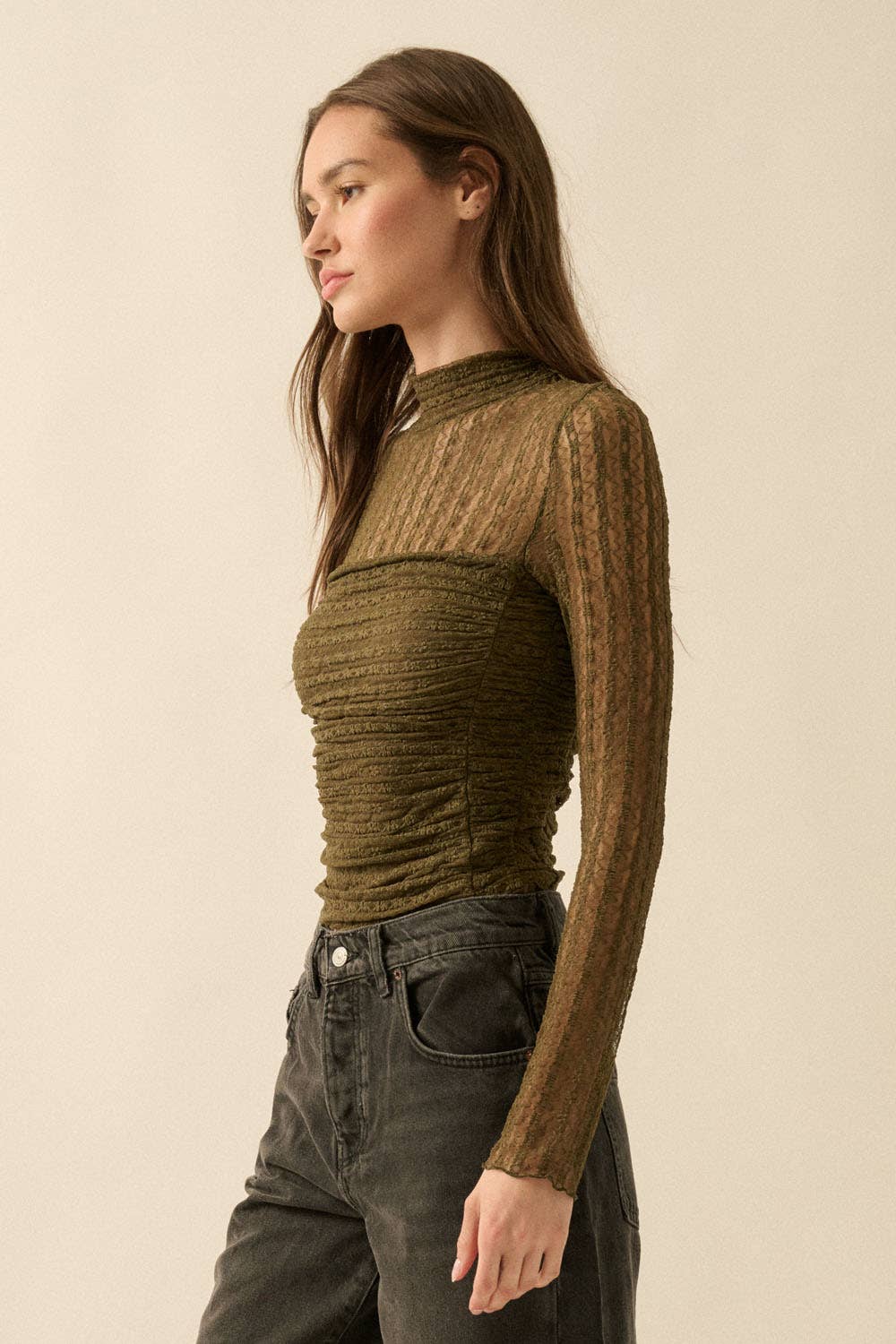 Promesa USA - Wholesale Bodysuit - Women's - Striped Floral Lace Ruched Mock-Neck Bodysuit34