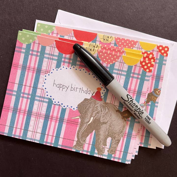 Pink and Blue Plaid Elephant Birthday Card for wholesale by ZouZou's Basement