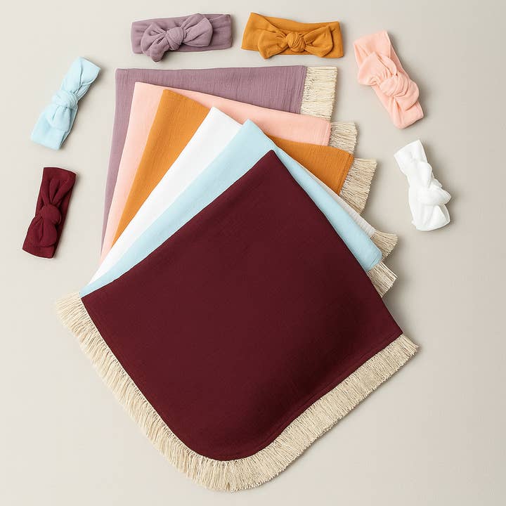 Frynset bomuldsgasbind babytæppe og pandebånd for engroshandel hos Fennco Styles