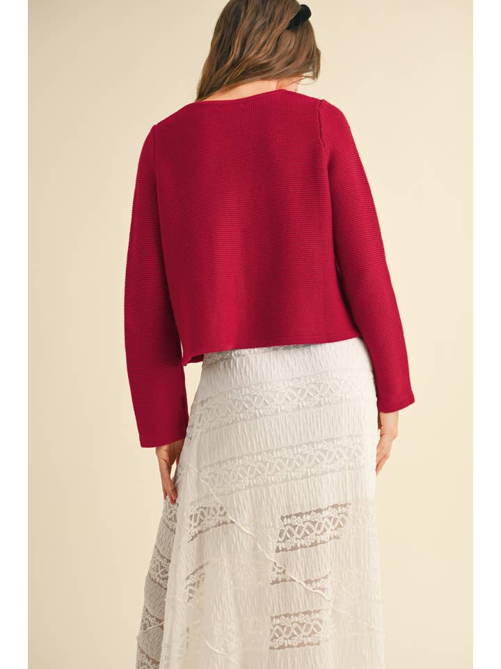 Red J4721 LONG SLEEVE KNITTED TIE FRONT CARDIGAN for wholesale on Faire