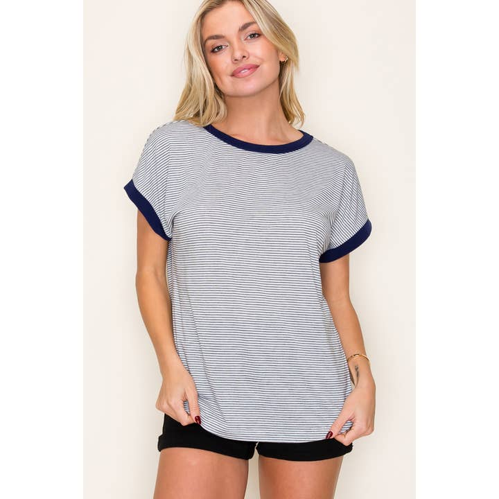 STACCATO - Wholesale Knit Top - Women's - COLOR TRIMMED PINSTRIPE TOP