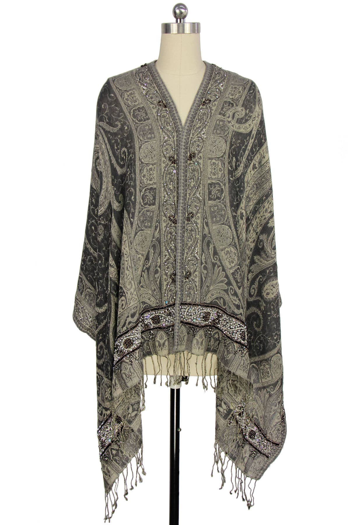 SAACHI - Wholesale Sjaal - Dames - Handgeborduurde Ikat wol en zijden sjaal met lange franje3