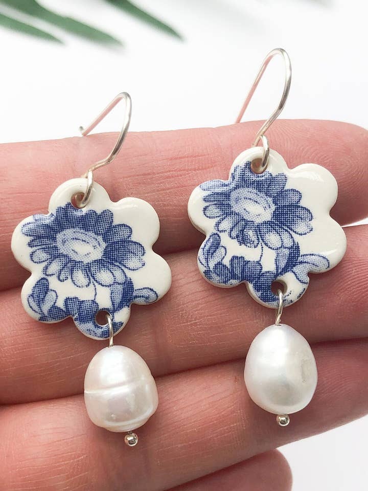 Blue China Flower Dangle Earrings with pearl drop for wholesale by Clay Blanca