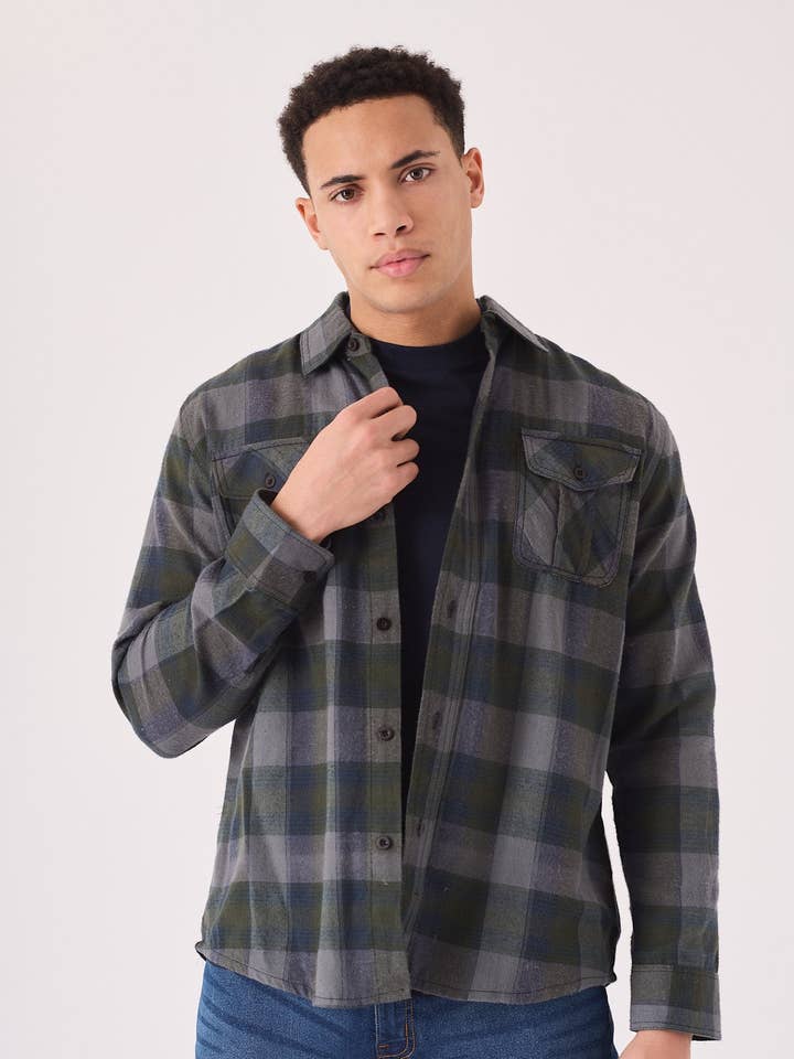 Moss Plaid Flannel Check Shirt - Grey Olive for wholesale by JMOJO UK Limited