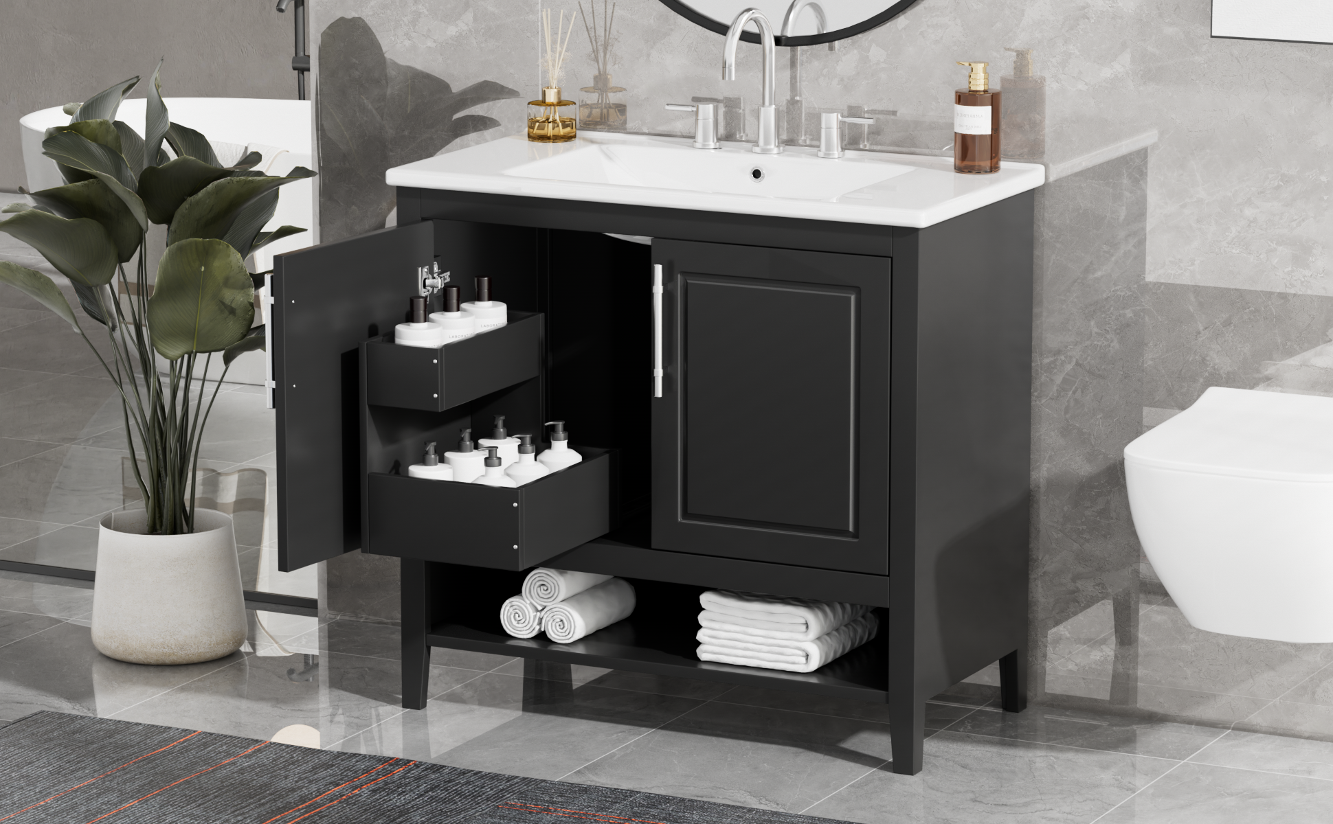 Orange County Decor - Wholesale Cabinet - 36" Bathroom Vanity With Sink, Multi Functional Bathroom Cabinet With Doors And Drawers, Mdf Frame And Mdf Board, Black Black Solid Wood Mdf17