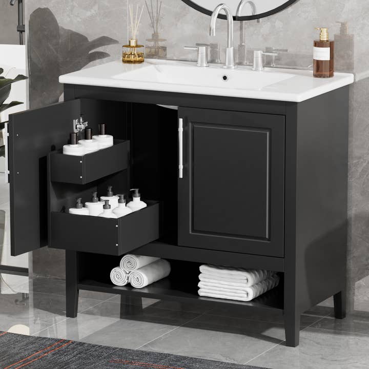 Orange County Decor - Wholesale Cabinet - 36" Bathroom Vanity With Sink, Multi Functional Bathroom Cabinet With Doors And Drawers, Mdf Frame And Mdf Board, Black Black Solid Wood Mdf17