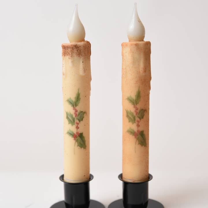 LMS Wholesale - Wholesale Flameless Candle - Holly Sprig LED Timer Taper Candle0