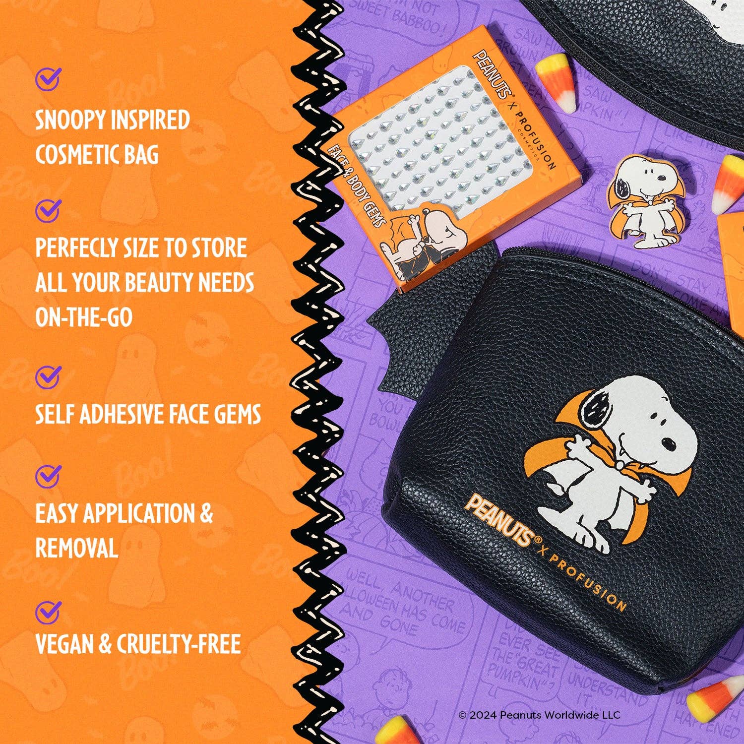 Profusion Cosmetics - Wholesale Makeup/Cosmetic Bag - Peanuts Halloween-Count Snoopy Cosmetic Bag & Face Gems Set2