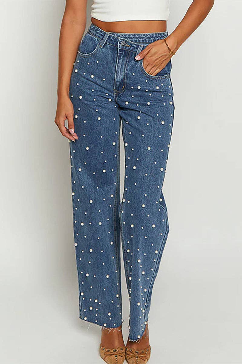 BLUE Pearl Embellished Straight Leg Jeans for wholesale on Faire1