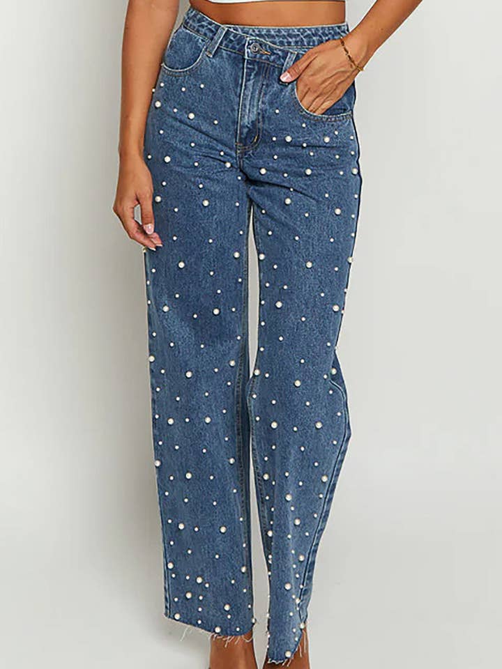 BLUE Pearl Embellished Straight Leg Jeans for wholesale on Faire1