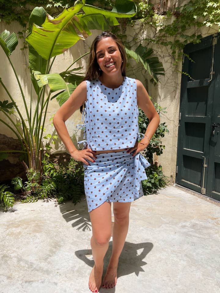 MindTraveler - Wholesale Skirt – Women’s - Macarena Skirt with Light Blue and Brown Polka Dots5