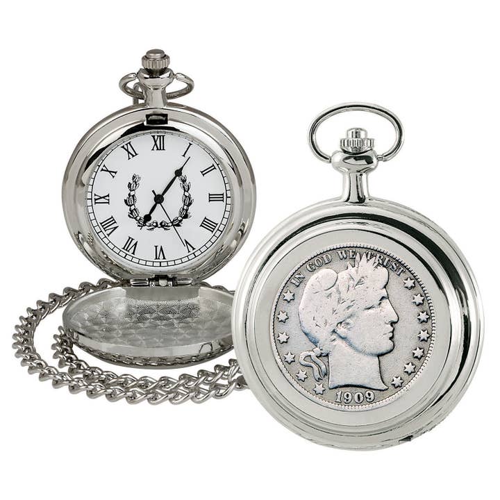 Silver Barber Half Dollar Coin Pocket Watch1 for wholesale by American Coin Treasures