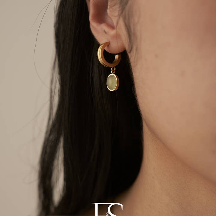 Furano Studio - Wholesale Hoop Earrings - 18k gold green oval Aventurine Hoop Earring2