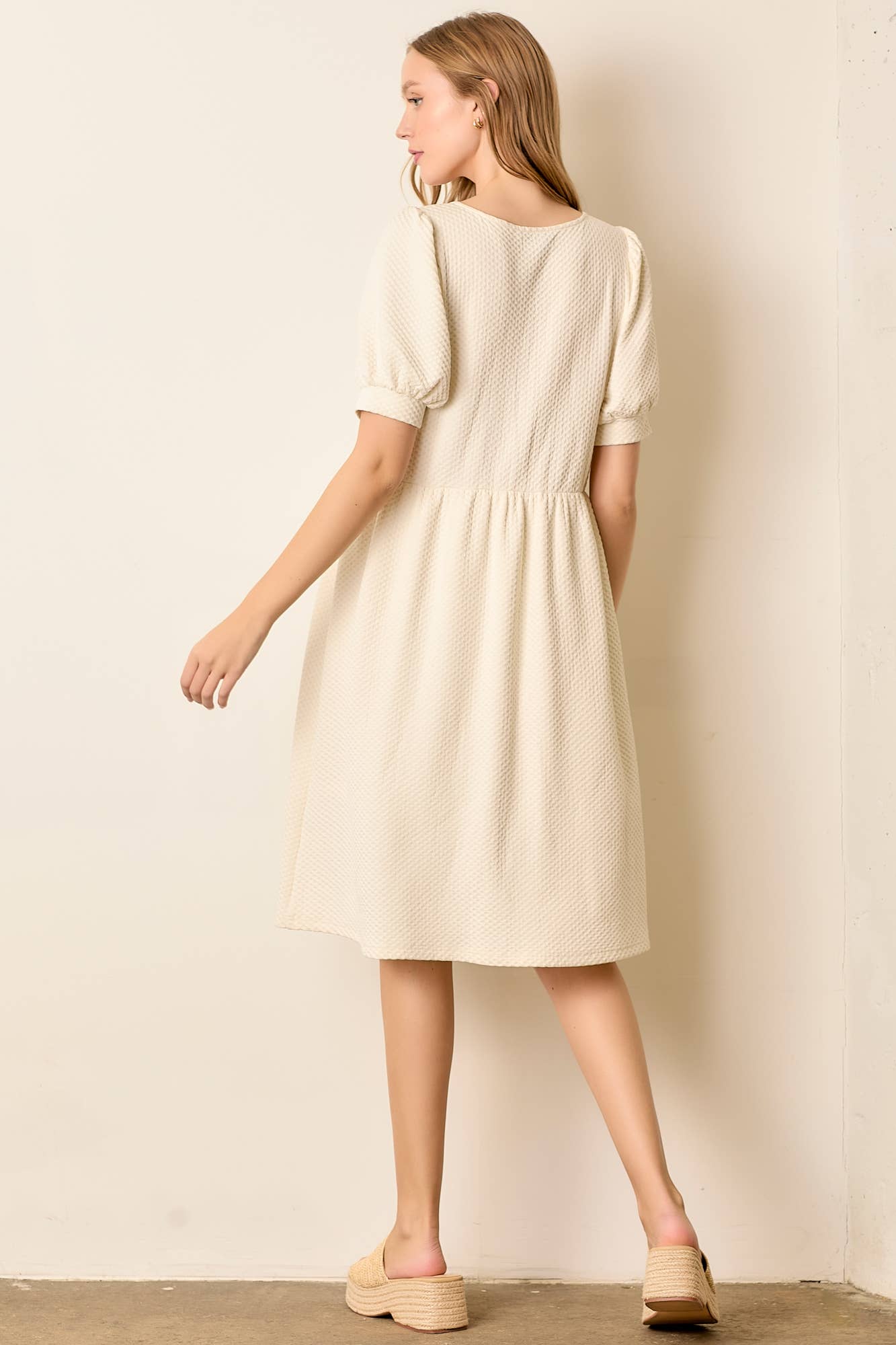 CREAM ROUND NECK BUTTON UP DRESS W POCKET for wholesale on Faire3