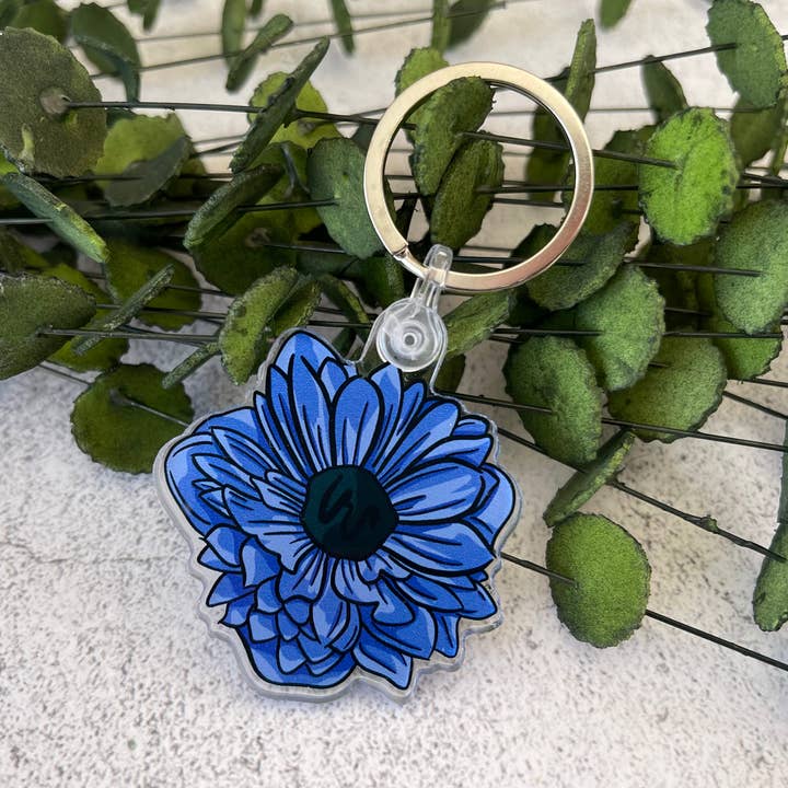 Porte-clés Dahlia bleu, porte-clés fleur, 2 » x 2 » pour la vente par Everyday H2O