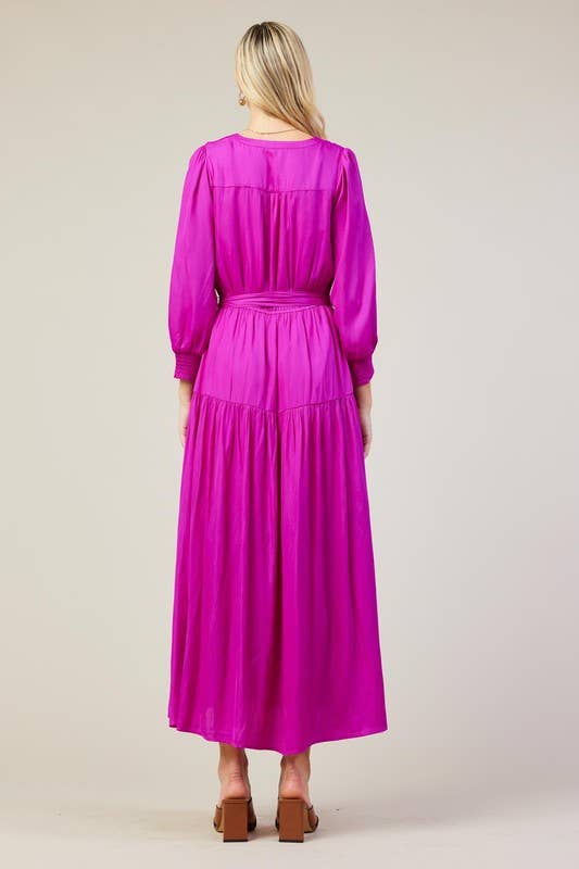 SKIES ARE BLUE - Wholesale Dress - Women's - Long Sleeve V-Neck Button Front Tiered Maxi Dress4