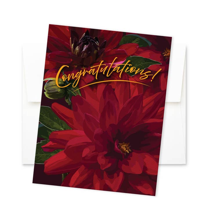 Congratulations Card | Red Dahlias for wholesale by The Red Barn Press