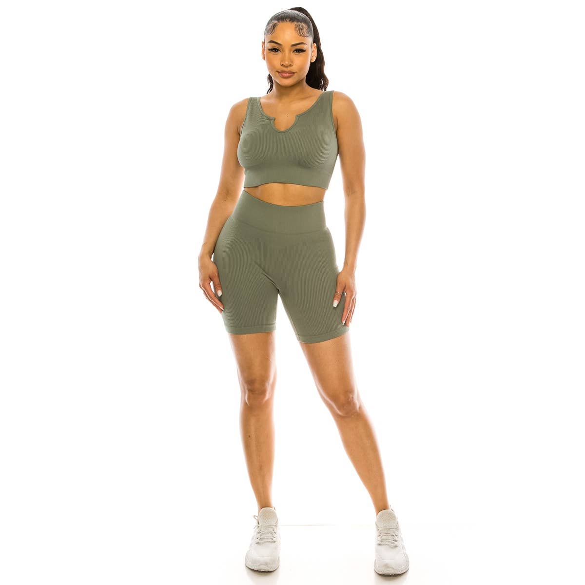 Lime All the Time - Wholesale Activewear Set - Women's - 2 Pcs Set Ribbed Muscle Tank Bra and Highwaist Short0