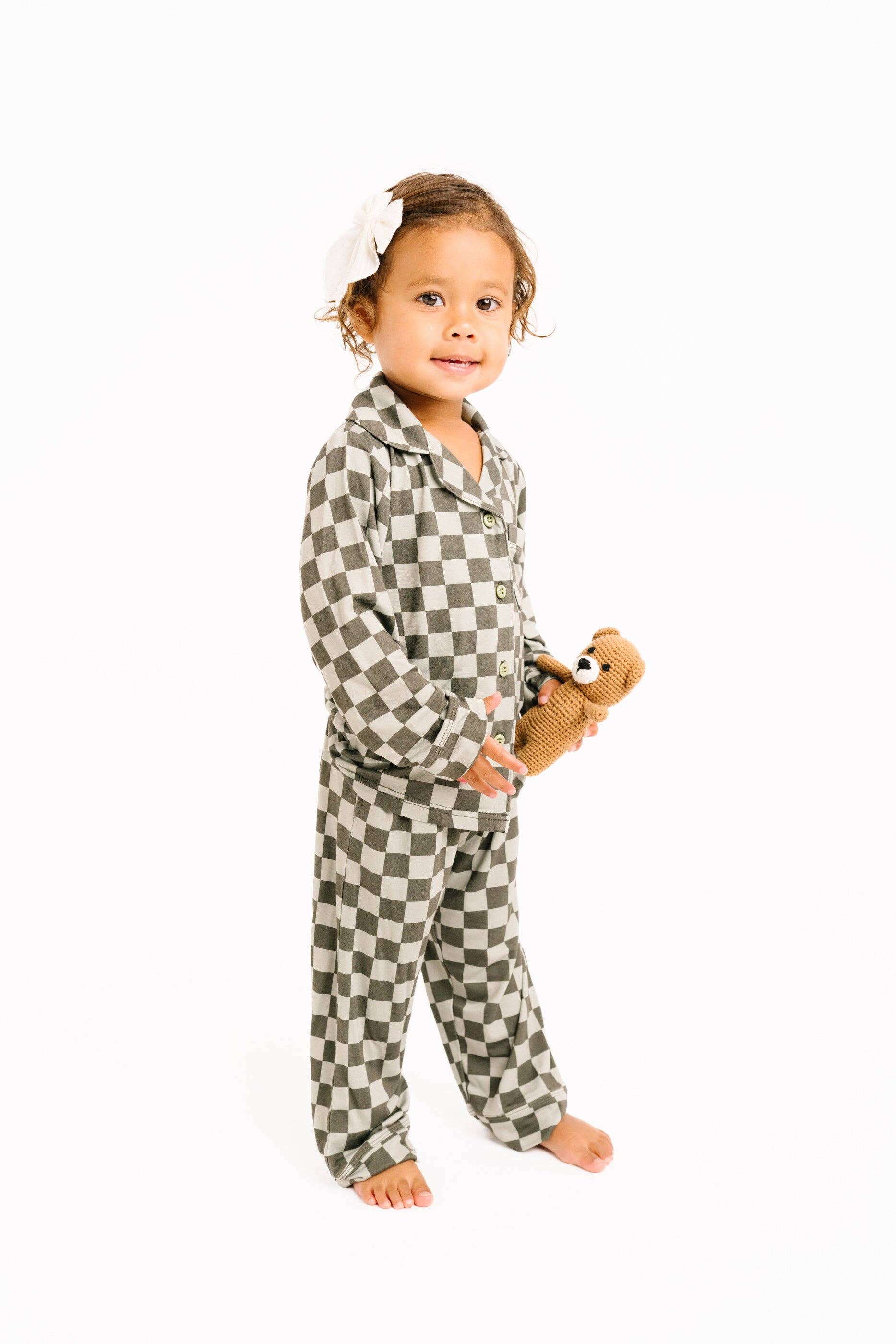 Little One Shop - Wholesale Top & Pant Set - Kids - Pine Checkered Kid Long Sleeve Bamboo Button Up Set2