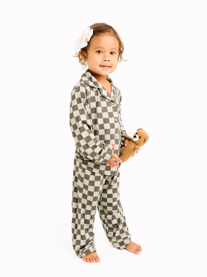 Little One Shop - Wholesale Top & Pant Set - Kids - Pine Checkered Kid Long Sleeve Bamboo Button Up Set2