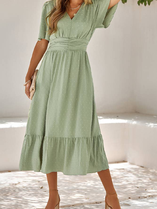 UNISHE - Wholesale Dress - Women's - Swiss Dot V Neck Ruffle Sleeves Dress SN1607