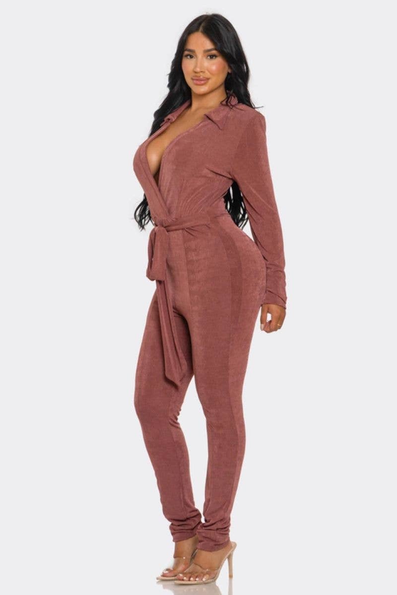 MARSALA V-NECK TIE-WAIST LONG SLEEVES JUMPSUIT SHP9639J for wholesale on Faire1