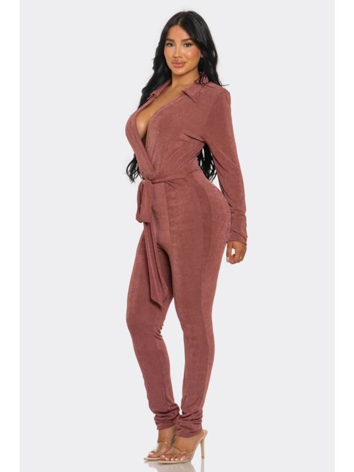 MARSALA V-NECK TIE-WAIST LONG SLEEVES JUMPSUIT SHP9639J for wholesale on Faire1