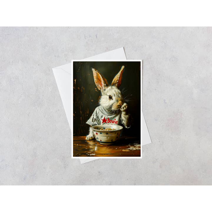 Salty Alyce - Wholesale Everyday Greeting Card - Bowie Shirt Rabbit Eating Ramen Noodles Blank Card 108AS