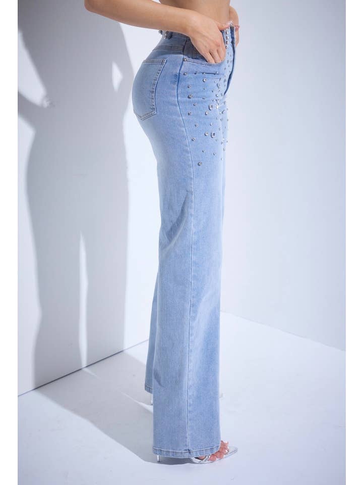 WFFS – Großhandel Jeans – Damen – Strass-Jeans mit hohem Bund und Stretch